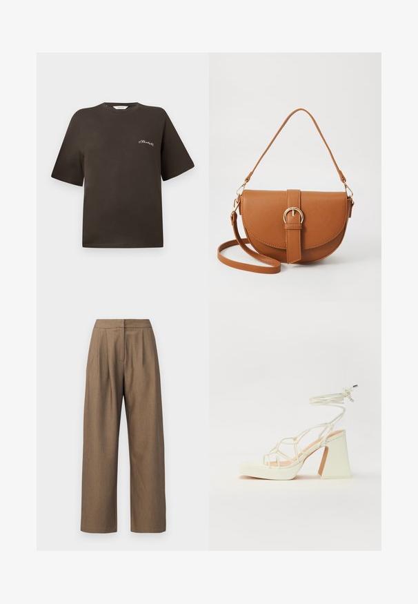 Rjava bombažna majica s kratkimi rokavi, sproščenega kroja, okroglega ovratnika, z majhnim belim vezenim napisom na levem prsnem delu.; Rjave široke hlače iz teksturirane tkanine, z visokim pasom, gubami in ravnim krojem, s čistimi robovi.; Bela sandala na visokih petah s debelim petam, ki ima obliko trakcev in vezanje okoli gležnja. Gladka tekstura z platformo spredaj za dodatno višino.; Rjava usnjena torbica prek telesa s ukrivljeno obliko, zlate opreme in sponko. Ima odstranljiv naramni trak.