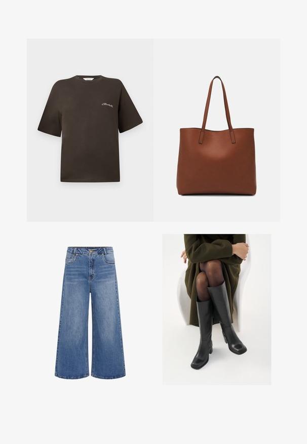 Rjava bombažna majica s kratkimi rokavi, sproščenega kroja, okroglega ovratnika, z majhnim belim vezenim napisom na levem prsnem delu.; Modre široke kavbojke z visokim pasom, z gumbasto zapiranje, petimi žepi in subtilnim bledenjem. Ojačana obroba z classic obliko.; Črne usnjene čevlje do kolen s kvadratnim prstom in blok peto, prikazani na modelu, ki sedi v olivno zeleni plašču. Gladka tekstura, minimalne podrobnosti.; Rjava usnjena torba z gladko teksturo, odprto zasnovo zgoraj in dvema naramnima trakovoma. Opremljena je z minimalnim šivanjem in brez vidnih kovinskih delov.