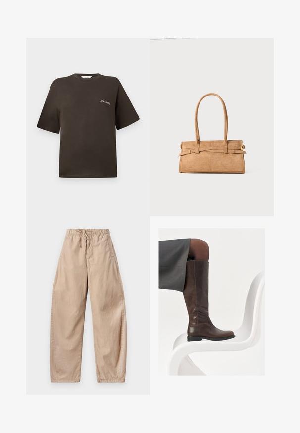 Hnědé bavlněné tričko s krátkým rukávem, volný střih, kulatý výstřih, s malým bílým vyšitým textem na levé straně hrudi.; Béžové bavlněné kalhoty s širokými nohavicemi, elastickým pasem a stahovací šňůrkou, s bočními kapsami a hladkou, lehkou strukturou.; Hnědá kožená kotníková bota s rounded toe, hladkou texturou a minimálními švy, umístěná na světlém pozadí na bílé židli.; Hnědá semišová kabelka s dvěma dlouhými uchy, obdélníkovým tvarem a ozdobným šitím. Obsahuje boční popruh a decentní zlaté kovové akcenty.