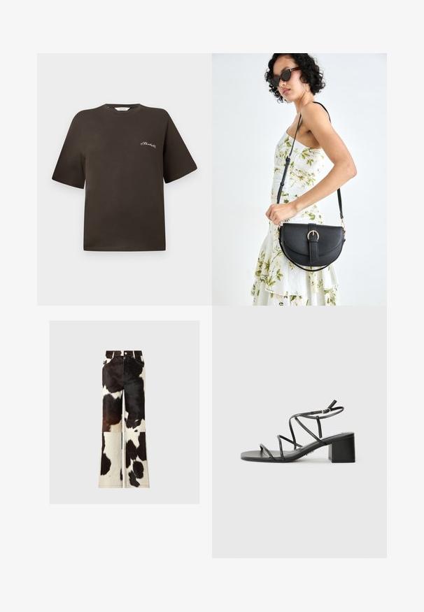 Barna pamut póló rövid ujjakkal, enyhén bő szabással, kerek nyakkivágással, bal mellrészen egy kis fehér hímzett szöveggel.; Farkasbőr széles szárú nadrág, fekete és fehér színű foltvarrásos mintával, sima textúrával és látható varrási részletekkel.; Fekete pántos szandál négyzetes orral és vastag sarokkal, sima anyagból készült. Állítható bokapántokkal és minimális fém részletekkel rendelkezik.; Fekete bőrtáska ívelt formával, levehető pánttal és arany színű fémrészekkel. A táskán egy csattal díszített fedél található.