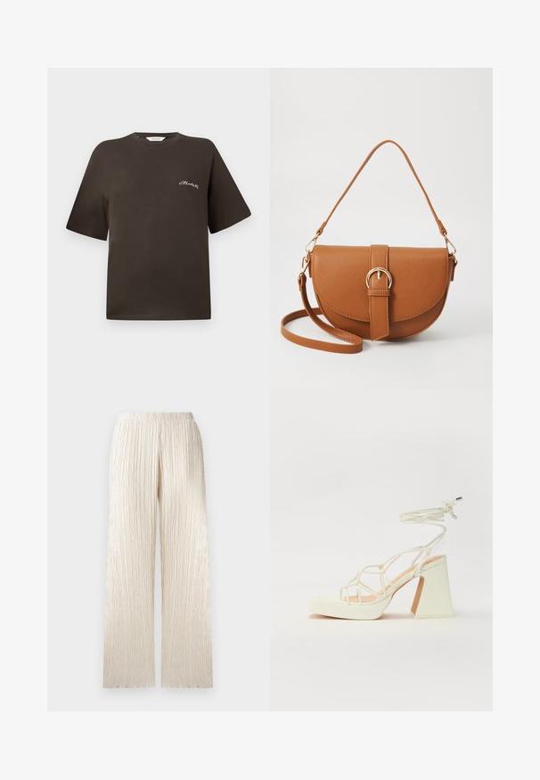 Camiseta de algodão castanha com mangas curtas, corte relaxado, decote redondo, apresentando um pequeno texto bordado em branco no lado esquerdo do peito.; Calças de perna larga na cor creme, com um design texturizado e pregueado e uma cintura elástica. Corte reto com uma aparência suave e fluida.; Sandálias brancas de salto alto com um salto robusto, apresentando um design com tiras e amarração no tornozelo. Textura suave com uma plataforma na frente para altura adicional.; Bolsa transversal de couro castanho com um formato curvado, ferragens douradas e um detalhe de fivela. Inclui uma alça de ombro destacável.