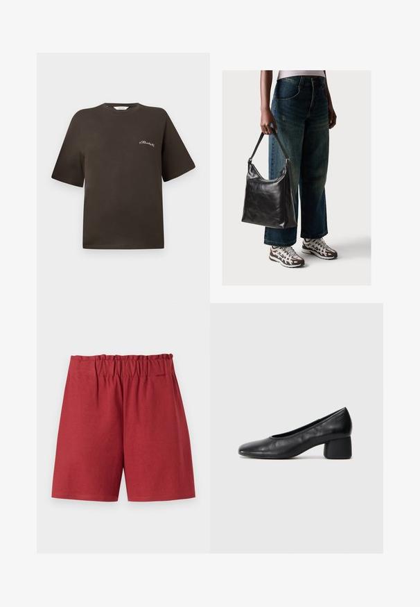 Camiseta de algodón marrón con mangas cortas, corte relajado, escote redondo, que presenta un pequeño texto bordado en blanco en el lado izquierdo del pecho.; Pantalones cortos rojos con una cinturilla elástica, que presentan un corte relajado y una textura de algodón suave. Los dobladillos son rectos sin patrones o acentos visibles.; Zapato de tacón negro en piel con punta redonda y tacón bloque medio. Textura suave con un detalle minimalista, que incluye una sutil abertura elástica.; Bolso de hombro de cuero negro con una textura suave y correa ajustable, combinado con jeans de pierna ancha desgatados y zapatillas deportivas.