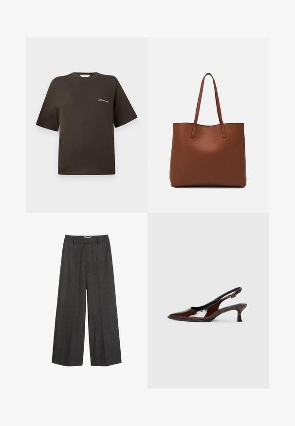 Brun bomull t-skjorte med korte ermer, avslappet passform, rund hals, med liten hvit brodert tekst på venstre bryst.; Vidde bukser i mørkegrått stoff. Har en skreddersydd midje med beltehemper, glatt tekstur og minimale sømdetaljer.; Brune patentlæder slingback sko med spids tå og moderat hæl. Har en spænde rem for sikker pasform. Glat tekstur.; Brun lær tote veske med en jevn tekstur, åpen toppdesign og to skulderstropper. Har minimal søm og ingen synlige spiker.