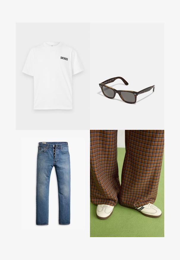 T-shirt branco de manga curta feito de algodão. Apresenta um decote redondo e um pequeno logótipo preto "DICKIES" na área do peito esquerdo.; Jeans de denim azul claro com corte reto, apresentando cinco bolsos e um fechamento com botão. Textura desgastada com áreas desbotadas.; Calças largas em padrão xadrez castanho e azul, combinadas com sapatos brancos com detalhes pretos e solas texturizadas, contra um fundo verde.; Óculos de sol de padrão tartaruga com lentes cinzentas e armação quadrada, apresentando detalhes metálicos nas hastes e o logótipo incorporado no design.