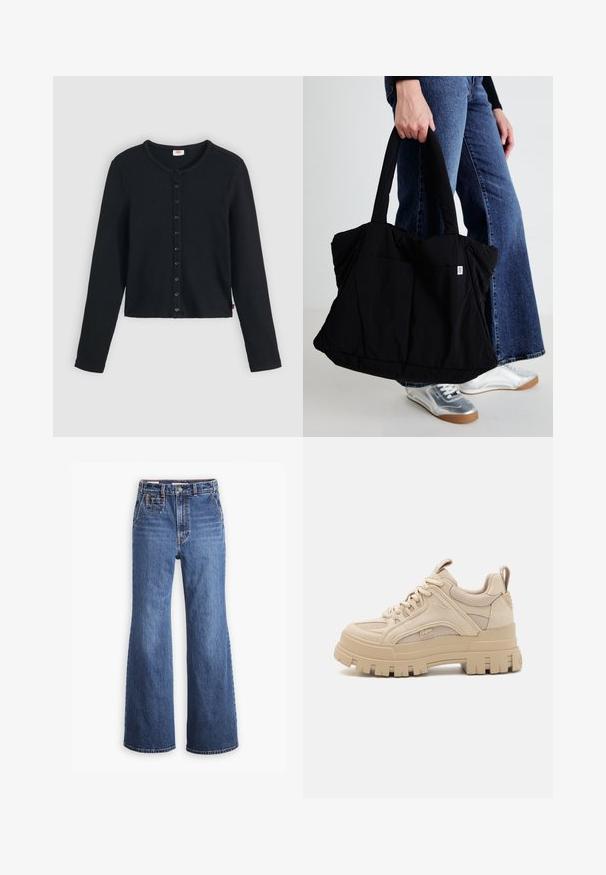 Schwarzer, gerippter Cardigan mit rundem Ausschnitt, langen Ärmeln und einer Reihe von sechs Knöpfen vorne. Weiche Textur, verkürzte Länge.; Hoch sitzende blaue Denim-Jeans mit weitem Bein, ausgestattet mit einer Vordertasche, Messingknopfverschluss und Kontrastnähten.; Beige Chunky Sneakers aus einer Mischung aus Mesh- und Wildledermaterialien, mit dicker Sohle und ausgeprägtem Profil, Schnürdesign und Branding-Detail.; Schwarze Stofftasche mit einem gepolsterten Design, zwei robusten Griffen und einem kleinen Logo-Patch auf der Vorderseite, gehalten von einer Person in Denim.