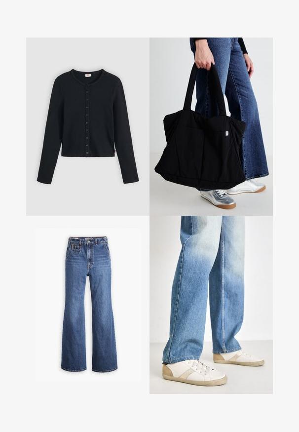 Black ribbed cardigan with a round neckline, featuring long sleeves and a row of six buttons down the front. Soft texture, cropped length.; High-waisted blue denim jeans with a wide-leg design, featuring a front pocket, brass button closure, and contrast stitching.; White sneakers with beige accents and textured detailing, paired with light blue, slightly distressed denim jeans, relaxed fit.; Black fabric tote bag with a puffy design, two sturdy handles, and a small logo patch on the front, held by a person in denim.