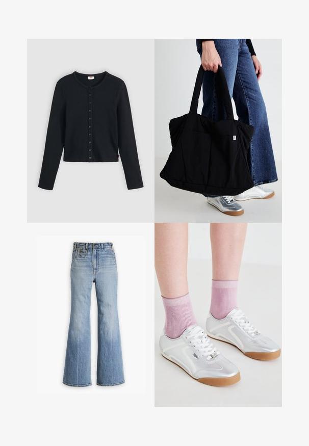 Black ribbed cardigan with a round neckline, featuring long sleeves and a row of six buttons down the front. Soft texture, cropped length.; Light blue denim flared jeans with a high waist, featuring a button and zipper closure, front pocket, and frayed hem at the bottom.; Silver athletic shoes with white accents and gum rubber soles, paired with ribbed pink socks, showcasing a low-profile design.; Black fabric tote bag with a puffy design, two sturdy handles, and a small logo patch on the front, held by a person in denim.