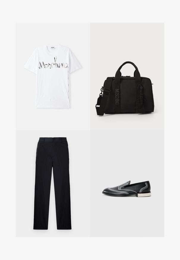 Bijela pamučna majica s grafičkim logotipom u crnoj i srebrnoj boji koji nalikuje traci. Kratki rukavi i dizajn s okruglim izrezom.; Crne hlače od lagane, teksturirane tkanine, ravnog kroja, s elastičnom gumicom u struku i bočnim džepovima sa zatvaračem.; Crne kožne mokasine s bijelim dekorativnim šavovima i metalnim akcentom na peti, s glatkom teksturom i elegantnim siluetom.; Crna tekstilna torba s dvostrukim ručkama i odvojivim remenom za rame. Ima utisnuti logotip i kožnu oznaku. Glatka tekstura, pravokutni oblik.