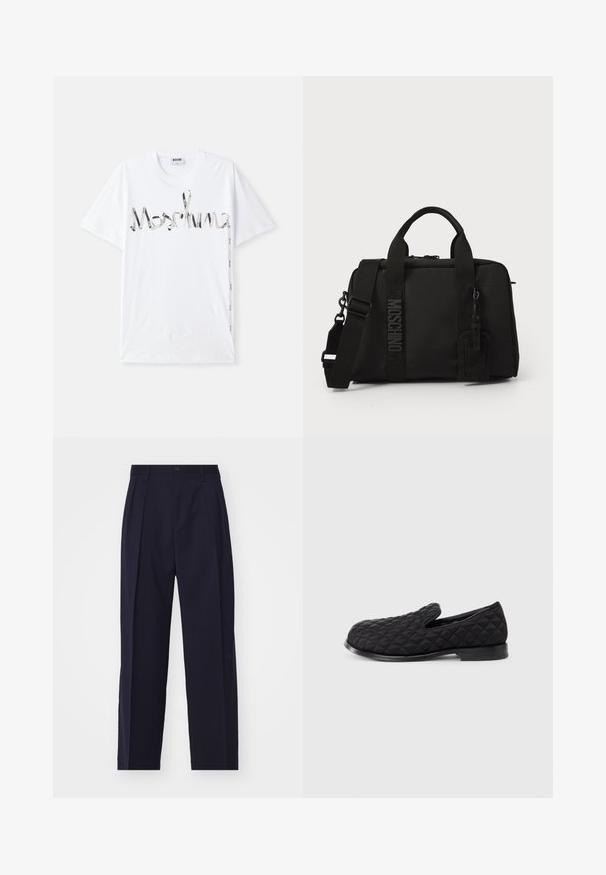Camiseta blanca de algodón con un logo gráfico en negro y plata que recuerda a una cinta. Diseño de manga corta y cuello redondo.; Pantalones azul marino, ajustados, con un diseño de pierna recta, pliegues en la parte delantera, cierre de botón y sin bolsillos visibles. Textura de tela suave.; Zapato negro tipo zapatilla acolchado, con parte superior de tela texturizada, punta redondeada y suela plana negra, que muestra un acolchado en forma de diamante.; Bolsa textil negra con asas dobles y correa de hombro desmontable. Presenta un logo en relieve y una etiqueta de cuero. Textura suave, forma rectangular.
