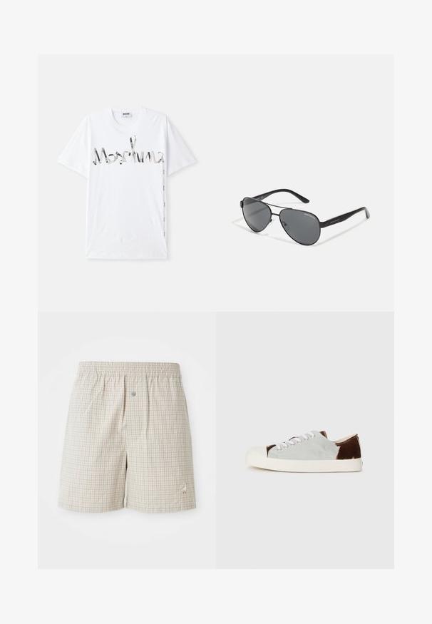 White cotton t-shirt featuring a graphic logo in black and silver resembling a ribbon. Short sleeves and a crew neck design.; Light beige checkered shorts with a soft texture, elastic waistband, and a decorative white goose embroidery near the hem.; Low-top sneakers with a grey canvas upper and brown suede accents, white laces, and a cream rubber toe cap. Flat sole for casual wear.; Black aviator sunglasses with dark lenses, thin metal frame, and slender plastic arms featuring logo accents.