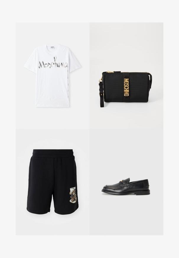 Weißes Baumwoll-T-Shirt mit einem grafischen Logo in Schwarz und Silber, das einem Band ähnelt. Kurze Ärmel und ein Rundhalsausschnitt.; Schwarze Baumwollshorts mit elastischem Bund, mit einem Bären-Logo und dem Text "Moschino" auf dem linken Bein. Glatte Textur, knielange Ausführung.; Schwarze Lederloafers mit runder Zehenform, genähten Details und einem kleinen goldenen Akzent an der Vorderseite. Die Sohle ist flach und unauffällig.; Schwarze Nylon-Clutch mit goldfarbenen Beschlägen, ausgestattet mit einem zentralen Logo-Streifen. Beinhaltet einen abnehmbaren Trageriemen und einen Reißverschluss für sichere Verwendung.