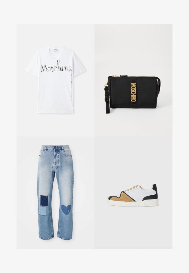 Valge puuvillane T-särk musta ja hõbedase graafilise logoga, mis sarnaneb riba kujundusele. Lühikesed varrukad ja ümar kaelusega disain.; Heledad sinised teksad sirge lõikega, millel on kaks paigaldusdetaili: ruut ja süda, mõlemad tumedamatest teksariidest.; Valgedest kangast tennised, millel on beež nubuk- ja musta nahaga detailid, ümar varvas, tasane nööridega disain ning tekstureeritud tallad.; Must musta nahkkluttš, millel on kuldne riistvara ja keskel logo triip. Sisaldab eemaldatavat rihma ja tõmblukuga sulgemist turvaliseks kasutamiseks.