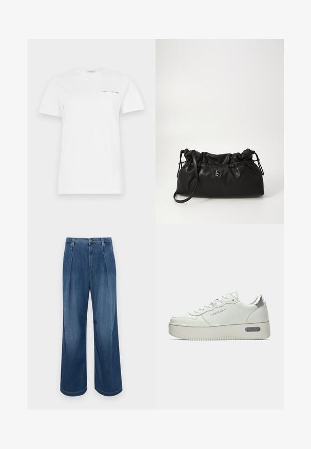 T-shirt en coton blanc avec un col rond, des manches courtes et une poche sur la poitrine gauche. Présente une petite impression noire indiquant "REPLAY EST 1981."; Pantalon en denim à jambes larges dans un bleu moyen. Il dispose d'une fermeture à bouton, de deux plis à l'avant et de coutures contrastantes. Texture douce et finition lisse.; Baskets en cuir blanc avec une semelle texturée, dotées d'un empiècement de talon métallique argenté et d'un logo "REPLAY" sur le côté. Design minimaliste.; Sac en cuir noir avec cordon de serrage, texture douce, forme arrondie et bandoulière ajustable. Présente un petit logo métallique à l'avant.
