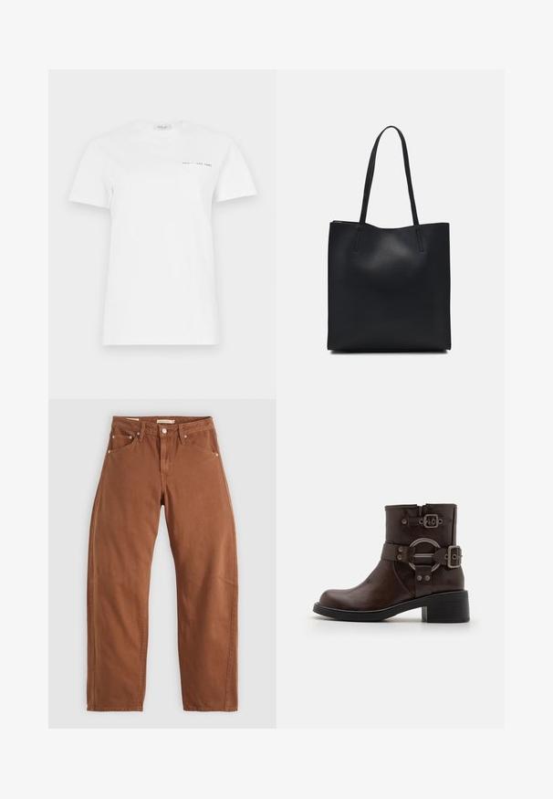 Balts kokvilnas T-krekls ar apaļu kaklu, īsām piedurknēm un kreisajā krūtī esošu kabatu. Tam ir neliels melns uzraksts "REPLAY EST 1981".; Rūsu brūnas taisnas kājas džinsi ar priekšējām un aizmugurējām kabatām, metāla kniedēm, pogu aizdari un jostas cilpām, izlikti uz balta fona.; Brūna ādas potītes zābaks ar noapaļotu purngalu, sudraba metāla elementiem un divām dekoratīvām siksnām. Masīvs melns papēdis un teksturēta zole.; Melnas ādas somiņa ar gludu tekstūru, taisnstūra formu un divām garām rokturiem. Nav redzamu aparatūras vai rotājumu.