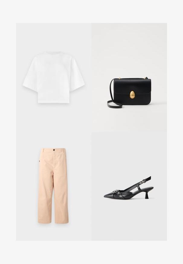 White cropped t-shirt made of cotton, featuring short sleeves, a round neckline, and minimal stitching details. Smooth texture.; Beige cotton cropped trousers with a straight fit, featuring a single button at the waist and side pockets. Smooth texture with no patterns.; Black leather slingback shoe with a pointed toe, decorative straps featuring metal eyelets, and a low block heel. Textured surface.; Black leather handbag with a structured rectangular shape. Features a golden oval clasp and a thin shoulder strap. Smooth texture.