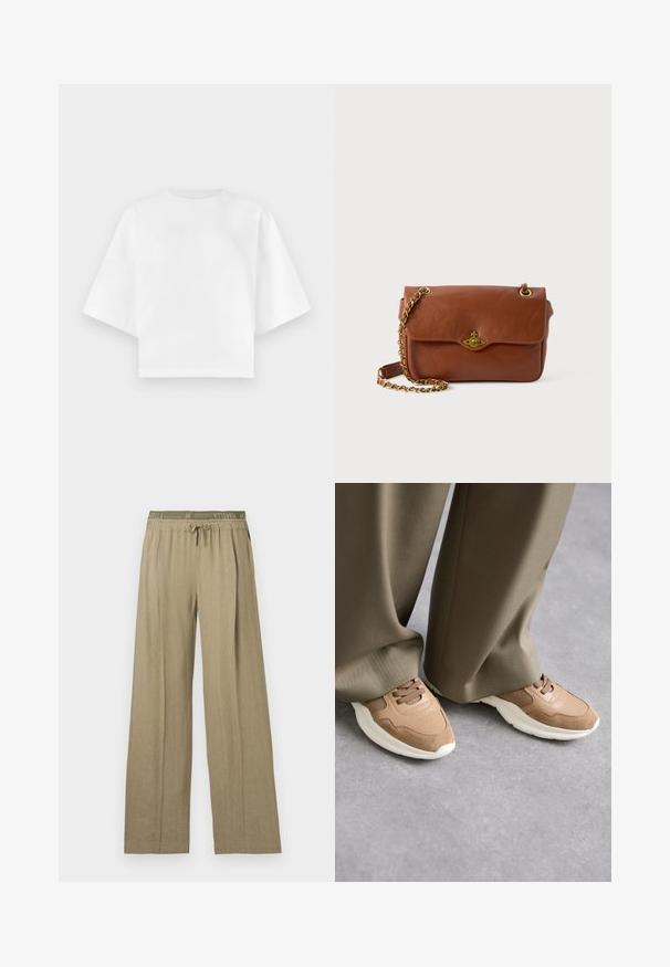 Bijela kratka majica od pamuka s kratkim rukavima, okruglim izrezom i minimalnim detaljima šavova. Glatka tekstura.; Hlače širokih nogavica u svijetloj maslinastoj nijansi. Izrađene od mekanog, teksturiranog materijala s elastičnim pojasom i zatvaranjem na vezivanje.; Smeđi sportski tenisice od glatke kože i mrežastih materijala, s bijelim gumiranim đonom i suptilnim perforacijama.; Smeđi kožni torbica preko tijela s preklopnim zatvaranjem, zlatnim hardverom i lancem za remen. Glatka tekstura, pravokutni oblik, minimalni detalji.