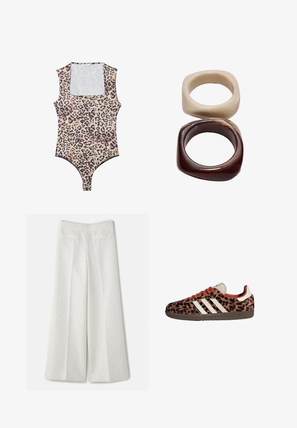 Body s leopardím vzorom s výstrihom, bezrukávový design, mäkká látka a zapínanie na patentky na spodnej časti. Farebná paleta obsahuje béžovú a čiernu.; sandro PANTALON - Nohavice - ecru; Tenisky s leopardím vzorom zo semišu, červenými šnúrkami a tromi bielymi pruhmi na bokoch. Majú krémovú jazyk a hnedú podrážku.; Stradivarius SET - Náramok - dark brown