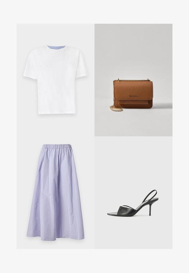 Valge puuvillane T-särk ümmarguse kaelusega. Lühikesed varrukad ja sinised triibud sisekrae äärel. Pehme tekstuur, tavaline lõige.; Lõvililla lai säärskirt, valmistatud kergest kangast, millel on elastne vöökoht, sile tekstuur ja voolav siluett.; Mustaid nahk slingback kontsad terava nokaga, peene pahklu rihmaga ja stilettokandaga. Omab sõlme detaili vampi peal.; Pruun tekstureeritud nahk ristkeha kott kuldse ahelaga rihmaga ja klapiga sulgemine. Esiküljel on logo detail ja tasku klapi all.
