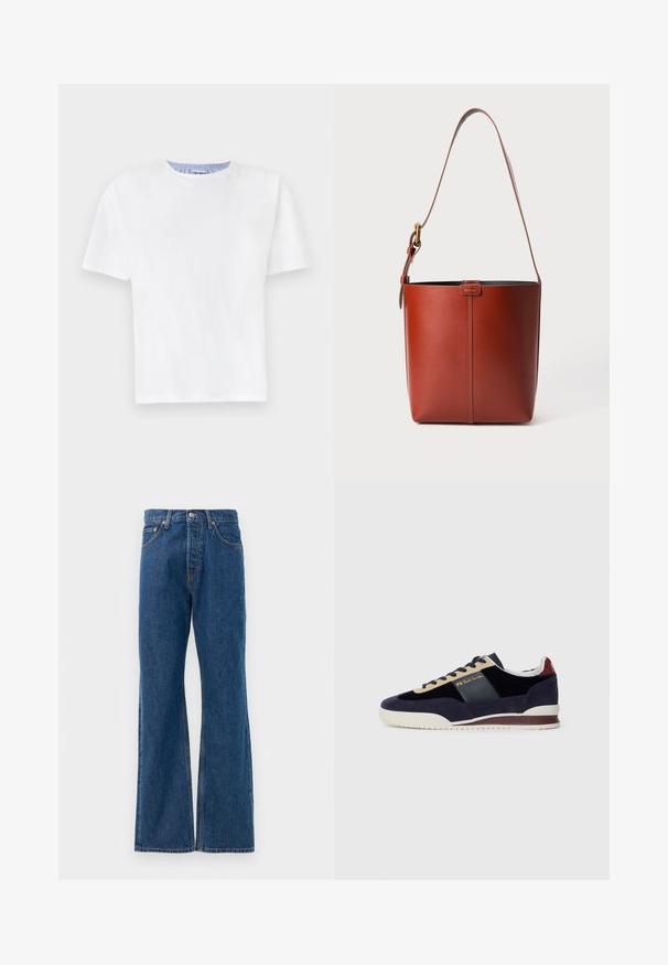 Balts kokvilnas T-krekls ar apaļu kaklu. Ar īsām piedurknēm un zila svītru detaļu iekšējā kakla izgriezumā. Mīksta tekstūra, regulāra piegriezums.; Zilas kokvilnas flared džinsus ar augstu jostasvietu, ar piecām kabatām, sudraba pogu aizdari un redzamām šuvēm.; Jūras spēku zilo zamšādas sporta apavi ar bēšiem un tumši ziliem akcentiem. Aprīkoti ar baltu gumijas zoli un zelta logotipu sānos. Klasiska sporta dizaina.; Brūns ādas spainis ar regulējamu plecu siksnu un zelta toņa sprādzi, vienkārša vertikāla šuve priekšpusē.