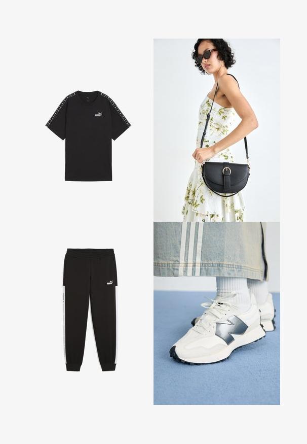 Zwart T-shirt met korte mouwen, gemaakt van katoen. Bevat een witte Puma-logo op de borst en gestreepte accenten op de schouders. Standaard pasvorm en ronde hals.; Zwarte sweatpants met een elastische tailleband, zijzakken en witte zijstrepen met logo-details. Gemaakt van zachte, elastische stof.; Witte sport sneakers met een zilveren accent, textiel en glad leer; met een zwarte rubberen zool en veters.; Zwarte leren handtas met een gebogen vorm, afneembare schouderband en gouden hardware. De tas heeft een klep met een gespsluiting.