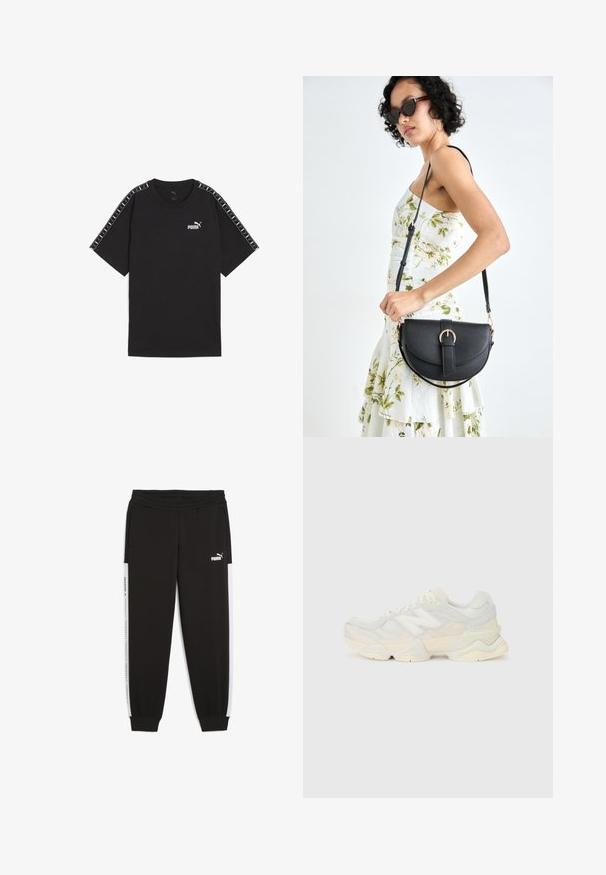 Schwarzes T-Shirt mit kurzen Ärmeln aus Baumwolle. Verfügt über ein weißes Puma-Logo auf der Brust und gemusterte Akzente an den Schultern. Standardpassform und Rundhalsausschnitt.; Schwarze Jogginghosen mit elastischem Bund, seitlichen Taschen und weißen Seitenstreifen mit Logodetails. Hergestellt aus weichem, dehnbarem Stoff.; Leichte Sneaker mit einem Obermaterial aus Mesh und Wildleder in sanften Cremetönen, einer dicken Sohle und dreidimensionalen Akzenten.; Schwarze Lederhandtasche mit geschwungener Form, abnehmbarem Tragegurt und goldenen Beschlägen. Die Tasche verfügt über einen Deckel mit einer Schnallen-Details.