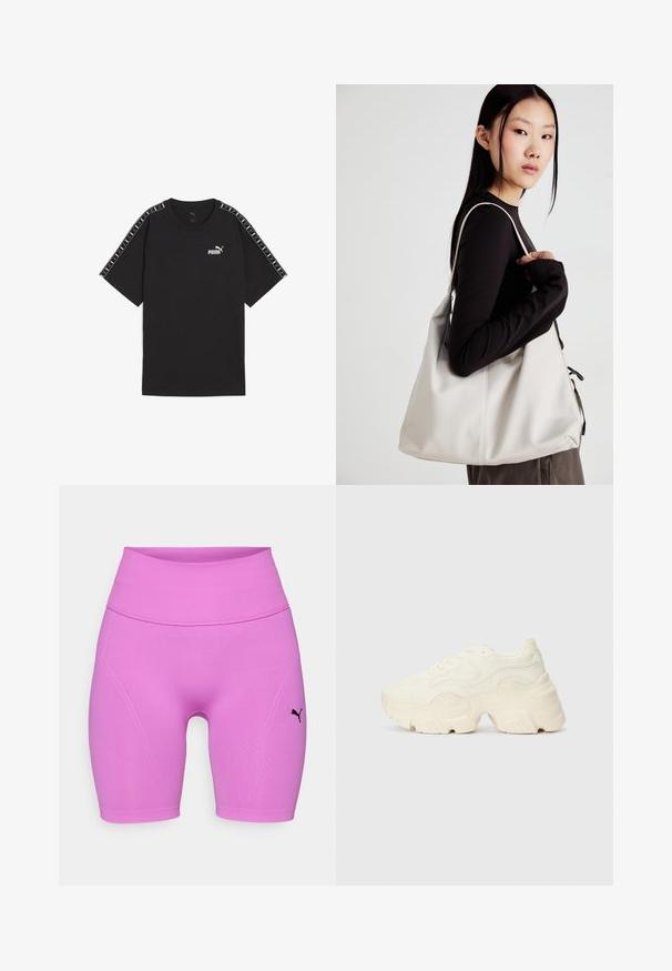 Černé tričko s krátkým rukávem vyrobené z bavlny. Má bílé logo Puma na hrudi a vzorované akcenty na ramenou. Standardní střih a kulatý výstřih.; Růžové sportovní šortky s vysokým pasem, hladkým povrchem a černým logem. Mají přiléhavý střih a švové detaily.; Chunky bílé tenisky vyrobené z texturované síťoviny a syntetických materiálů, s tlustou podrážkou a složitými vzorovými detaily podél stran.; Beige kabelka vyrobená z měkkého materiálu, s volným designem, prošívanými detaily a dvěma ramenními popruhy. Vhodná pro každodenní použití.