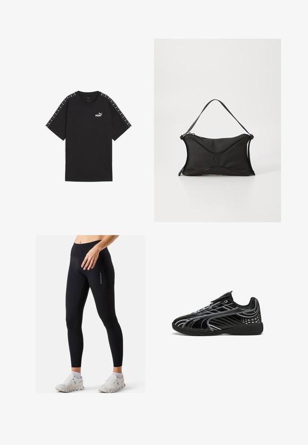 Mustapaitainen lyhythihainen t-paita, joka on valmistettu puuvillasta. Siinä on valkoinen Puma-logo rinnan kohdalla ja kuvioituja yksityiskohtia olkapäillä. Vakiokokoinen ja pyöreä kaula-aukko.; Mustat legginsit, joissa on muotoileva malli, korkea vyötärö, sivutasku vetoketjulla ja sileä pinta. Yhdistetty valkoisiin urheilukenkien kanssa.; Musta urheilujalkine, jossa on tyylikäs muotoilu, kiiltävä pinta, valkoiset yksityiskohdat, verkkomaiset paneelit hengittävyyttä varten ja tarranauha.; Musta käsilaukku pehmeästä, teksturoidusta materiaalista. Sen muotoilu on aaltoileva, siinä on yksi olkahihna ja edessä on huomaamaton logotieto.