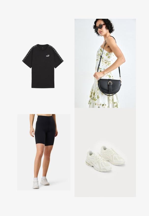 Czarna koszulka z krótkim rękawem, wykonana z bawełny. Zawiera białe logo Puma na piersi oraz wzorzyste akcenty na ramionach. Standardowy krój i okrągły dekolt.; Czarne rowerowe spodenki z wysokim stanem, wykonane z elastycznego materiału o gładkiej fakturze, charakteryzujące się dopasowanym krojem i długością do połowy uda.; Białe buty sportowe wykonane z siateczki i materiałów syntetycznych, z wiązanym fasonem, wyściełanym kołnierzem i strukturalną podeszwą dla lepszej przyczepności. Lekka konstrukcja.; Czarna skórzana torebka o zakrzywionym kształcie, z odpinanym paskiem i złotymi akcentami. Torebka posiada klapę z zapięciem w kształcie klamry.
