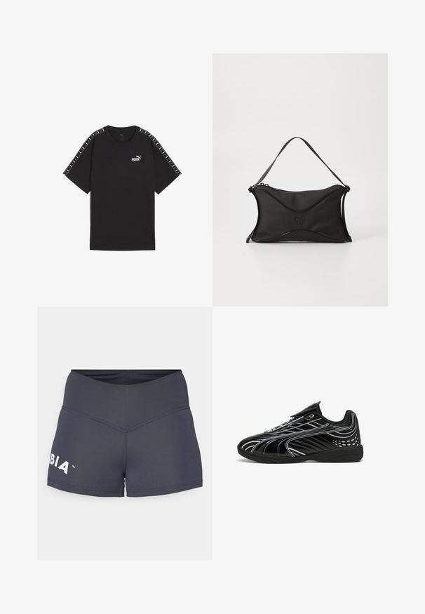 Zwart T-shirt met korte mouwen, gemaakt van katoen. Bevat een witte Puma-logo op de borst en gestreepte accenten op de schouders. Standaard pasvorm en ronde hals.; Donkergrijze sportshorts met een brede tailleband en contrasterend wit logo. Gladde textuur, aansluitend ontwerp en minimale stikdetails.; Zwarte sportieve schoen met een slank ontwerp, voorzien van een glanzende afwerking, witte accenten, meshpanelen voor ademend vermogen en een klittenbandsluiting.; Zwarte handtas van een zacht, textuur materiaal. Heeft een golvend ontwerp, een enkele schouderband en een subtiel logo-detail op de voorkant.