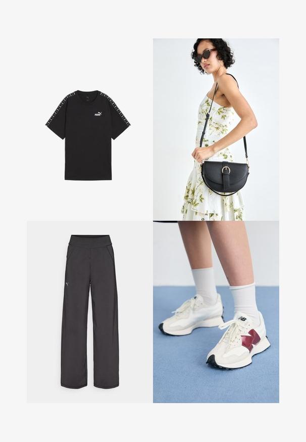 Black short-sleeve t-shirt made of cotton. Features white Puma logo on chest and patterned accents on shoulders. Standard fit and crew neck.; Black athletic pants with a wide waistband, side pockets, and flat seams. Features a small logo on the left leg. Made from smooth, stretchy fabric.; Pair of white sneakers with maroon accents, textured panels, flat black outsole, and light laces, worn with white ankle socks.; Black leather handbag with a curved shape, detachable strap, and gold hardware. The bag features a flap with a buckle detail.