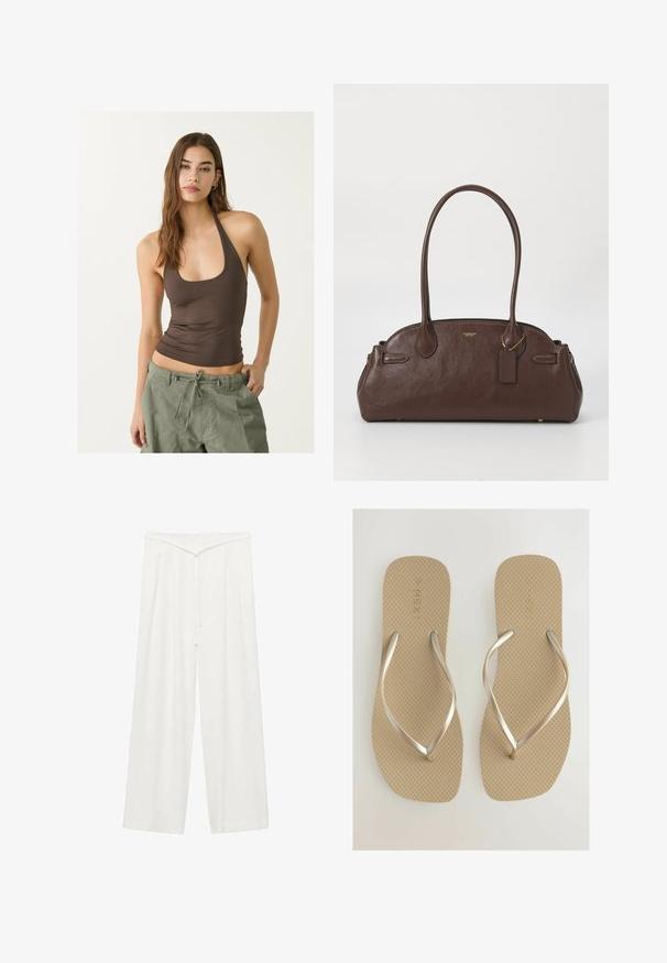 Ruskea hihaton paita, jossa on pyöreä pääntie ja rypytetty pinta, yhdistettyinä oliivinvihreisiin kiristysnaruilla varustettuihin cargo-housuihin.; Valkoiset leveät housut korkea vyötärö, joissa on solmittava vyö, pehmeä rakenne ja etupleat lisäämään rakennetta. Minimalistinen muotoilu.; Beige flip-flops dengan sol bertekstur dan tali metalik perak. Desain sederhana, dengan alas kaki datar dan lebar untuk kenyamanan.; Ruskea nahkainen käsilaukku, jossa on sileä pinta, pyöreä muoto ja kaksinkertaiset kahvat. Varustettu kultaisella logolla ja pienellä tunnuksella, joka on kiinnitetty.