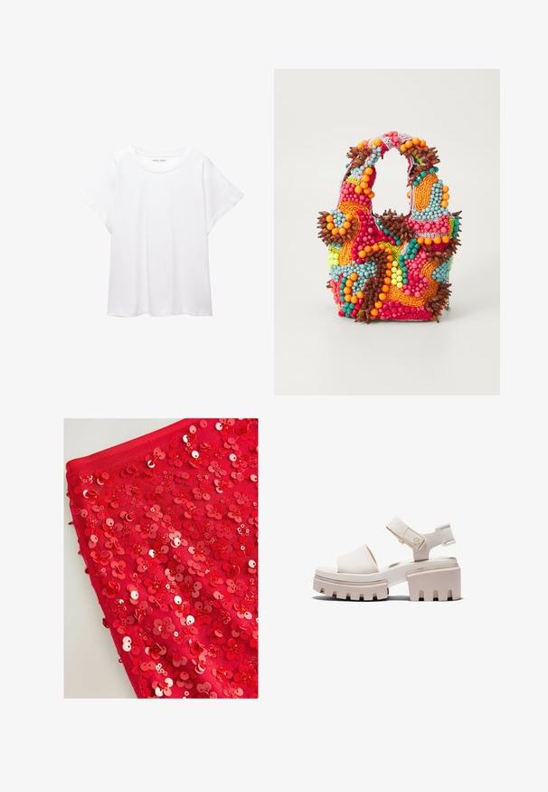 Valkoinen T-paita, joka on valmistettu pehmeästä ja kevyestä kankaasta. Omistaa pyöreän kaula-aukon ja lyhyet, leveät hihat rentoa istuvuutta varten. Ei näkyviä kuvioita.; Punainen kangas, joka on peitetty kiiltävillä punaisilla paljeteilla, jotka on muotoiltu kukkien muotoon. Paljetit eroavat koossa ja tekstuurissa, luoden kerroksellisen ja tekstuuritun ilmeen.; Vaaleanbeige alustakengät, joissa on paksu, teksturoitu pohja ja säädettävä remmi. Materiaali näyttää sileältä ja minimalistisilta suunnitteluyksityiskohdilta.; Käsiveski, mis on kaunistatud elavate värvidega: roosa, oranž, sinine ja pruun. Tekstuuriga pind ümmarguste helmed ja orgaanilised kujundid, vastupidavad käepidemed.