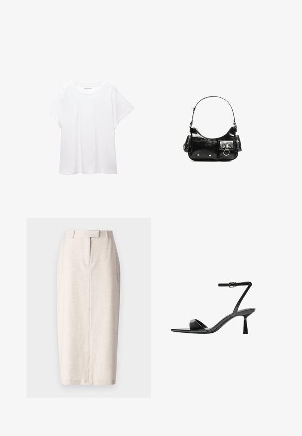 Fehér póló, puha, könnyű anyagból készült. Kerek nyakú, rövid, széles ujjaival és laza szabásával rendelkezik. Nincsenek látható minták.; Beige ceruzaszoknya, letisztult vonalakkal és formális kialakítással, texturált anyagból készült, közepes hosszúságú fazonnal és hátsó hasítékkal.; Bershka Magas sarkú szandálok - black; Fekete lakkbőr kézitáska ívelt formával, egy vállpánttal, elülső zsebekkel és ezüstszínű fémrészletekkel.