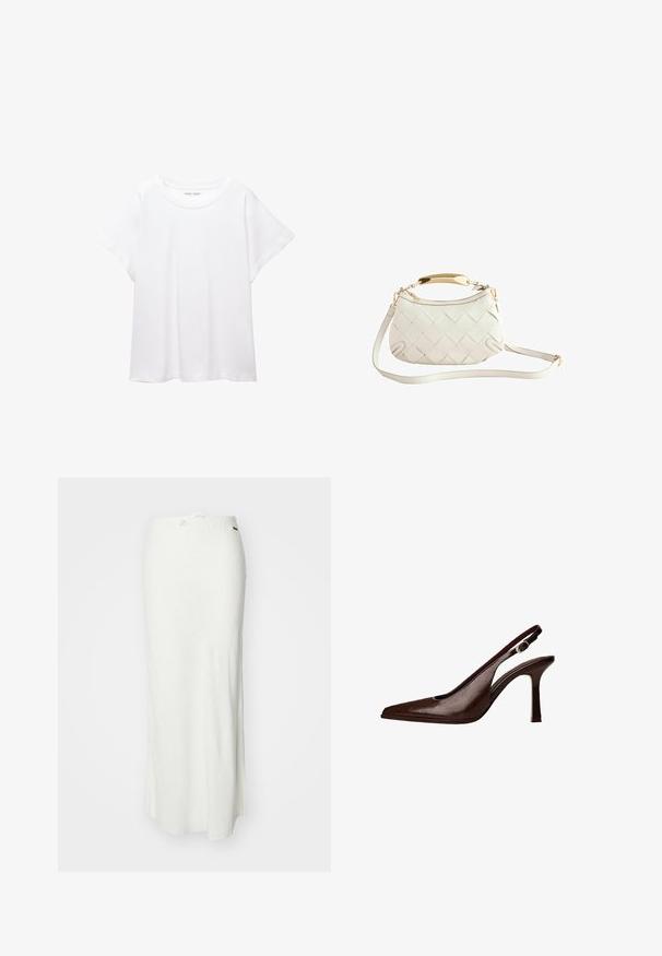 T-shirt blanc en tissu doux et léger. Il présente un col rond et des manches courtes et larges avec une coupe décontractée. Aucun motif visible.; Jupe maxi blanche en tissu léger avec une texture lisse, dotée d'une taille élastique avec un cordon de serrage pour l'ajustement.; Escarpin à bride arrière en cuir brun avec un bout pointu et un talon fin. Présente une petite boucle décorative sur la sangle et une finition brillante.; Sac à main en cuir tressé blanc avec une anse en métal doré, une bandoulière amovible et une base arrondie. Possède une fermeture éclair sur le dessus.