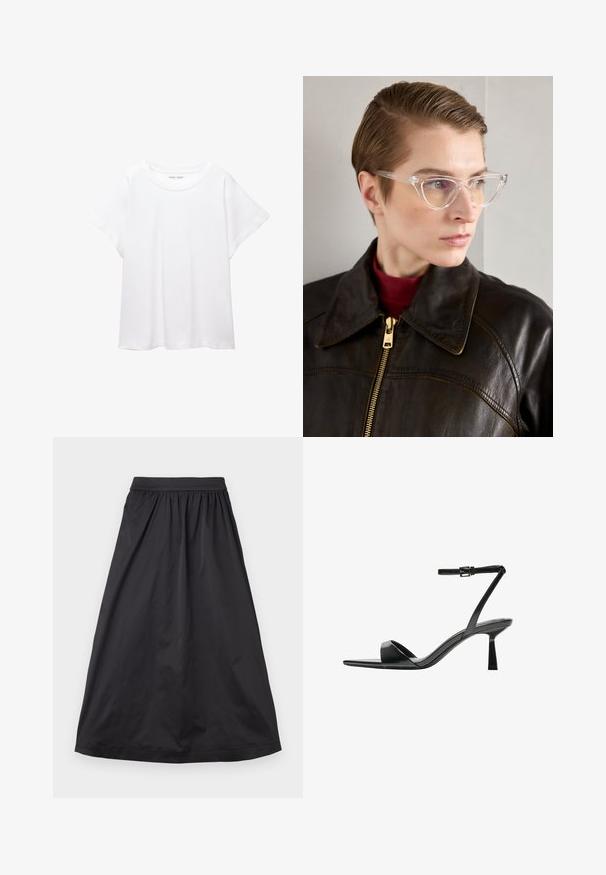 Tricou alb dintr-un material moale și ușor. Prezintă un decolteu rotund și mâneci scurte, largi, cu un croi lejer. Fără modele vizibile.; Fustă maxi neagră dintr-un material neted; prezintă o talie strânsă, o siluetă fluidă și un tiv drept, fără alte embellishments.; Bershka Sandale cu toc - black; Ochelari cat-eye din acetat transparent, cu lentile galbene, purtați de o persoană într-o jachetă din piele neagră și un pulover roșu. Textură netedă.