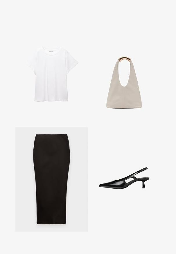 Biała koszulka wykonana z miękkiej, lekkiej tkaniny. Posiada okrągły dekolt oraz krótkie, szerokie rękawy, zapewniające luźny krój. Brak widocznych wzorów.; Czarna, do kolan spódnica ołówkowa wykonana z gładkiego materiału z elastycznym pasem, charakteryzująca się prostym, minimalistycznym stylem i bez widocznych elementów metalowych.; Czarne lakierowane czółenka na odkrytej pięcie z wąskim noskiem, z wykrojem po bokach i małym kwadratowym obcasem. Gładka faktura z minimalnymi akcentami.; Jasnoszara skórzana torba o kształcie litery U z zakrzywionym metalowym uchwytem. Gładka tekstura z minimalnymi szwami i bez widocznych wzorów.