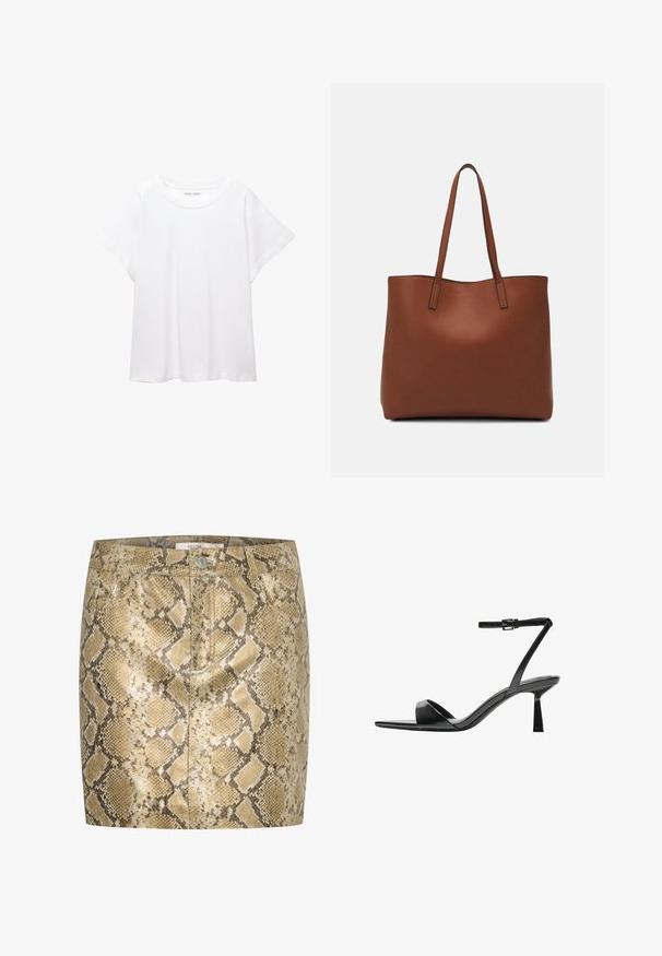 Hvid T-shirt lavet af blødt, let stof. Har en rund halsudskæring og korte, brede ærmer med en afslappet pasform. Ingen synlige mønstre.; Slangeprint mini nederdel med metallisk glans i nuancer af guld og beige. Har knaplukning og for- og baglommer. Tekstureret overflade.; Bershka Højhælede sandaletter / Højhælede sandaler - black; Brun læder tote taske med en glat overflade, åben topdesign og to skulderremme. Har minimal syning og ingen synlig hardware.
