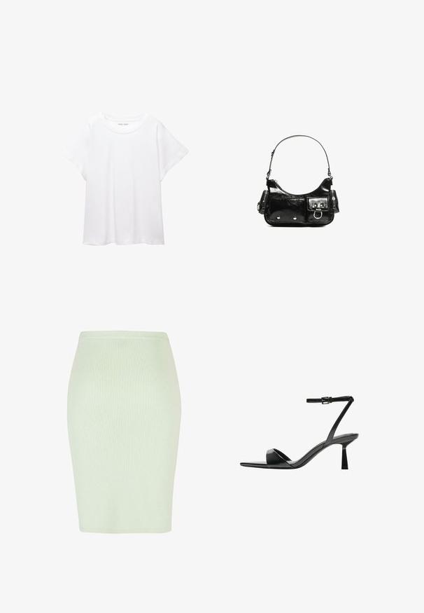 Weißes T-Shirt aus weichem, leichtem Stoff. Mit runder Halslinie und kurzen, weit geschnittenen Ärmeln für einen lässigen Sitz. Keine sichtbaren Muster.; Strick-Bleistiftrock in hellem Mintgrün mit vertikalem Ripp-Textur, tailliertem Schnitt und glattem Bund. Ideal für lässige oder formelle Anlässe.; Bershka High Heel Sandalette - black; Schwarze Lackleder-Handtasche mit geschwungenem Design, einem Schulterriemen, Vordertaschen und silberfarbenen Hardware-Akzenten.