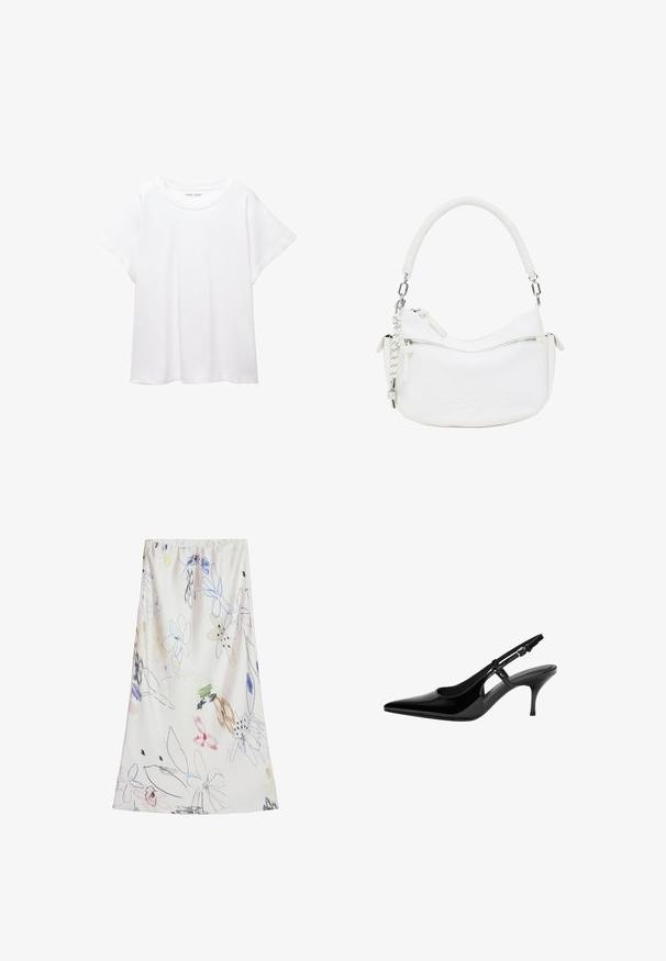 Witte T-shirt van zacht, lichtgewicht stof. Heeft een ronde halslijn en korte, brede mouwen met een ontspannen pasvorm. Geen zichtbare patronen.; Desigual WITH STROKES - Maxirok - beige; Zwarte gepatenteerde leren slingback pump met puntige neus, open zijuitsparingen, slanke hak en verstelbare enkelband.; Witte nepleren handtas met een gebogen vorm, textuur handvat, zilveren hardware en een ritsvak. Voorzien van een debossed logo.