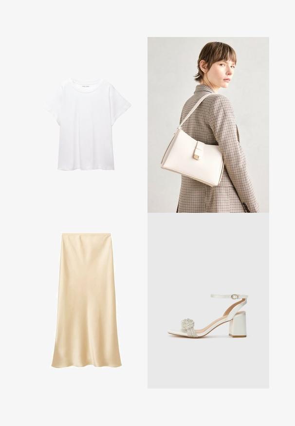 T-shirt bianco realizzato in un tessuto morbido e leggero. Presenta un collo rotondo e maniche corte e larghe con vestibilità morbida. Nessun motivo visibile.; Gonna midi in satin di un colore beige chiaro. Texture liscia, design fluido con un orlo leggermente svasato. Senza chiusure o decorazioni visibili.; Sandal aperta bianca con punta aperta e tacco a blocco spesso, dotata di una fascia glitterata testurizzata che attraversa il piede e di un cinturino regolabile alla caviglia.; Borsa a mano in pelle bianca con un design strutturato, presente di un clasp magnetico e una tracolla, esposta su uno sfondo neutro.