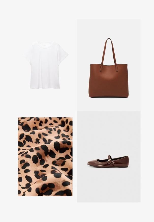 Vit t-shirt som är gjord av mjukt, lätt tyg. Har en rund halsringning och korta, vida ärmar med en avslappnad passform. Inga synliga mönster.; Leopardmönstrad tyg med stora svarta fläckar på en beige bakgrund, med en slät satintouch och en flytande utseende.; Brun lackad ballerina med fyrkantig tå och rem med ett litet guldspänne. Slät yta, låg klack och minimalistisk design.; Brun läder tote-väska med en slät textur, öppen toppdesign och två axelremmar. Har minimal söm och ingen synlig metalldetalj.