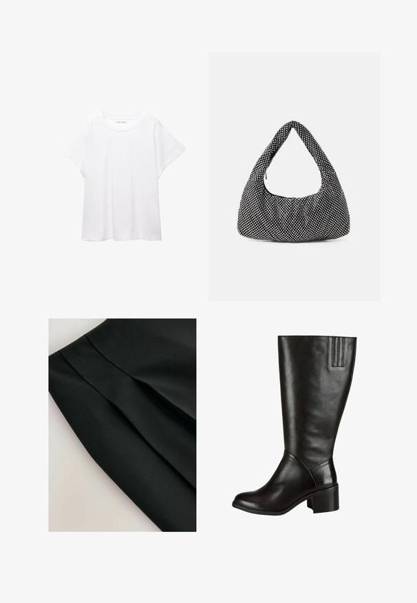 T-shirt blanc en tissu doux et léger. Il présente un col rond et des manches courtes et larges avec une coupe décontractée. Aucun motif visible.; Jupe noire plissée, faite d'un tissu doux. Présente un design épuré et une surface texturée, mettant en valeur la structure et la forme.; Botte noire en cuir, montant jusqu'au genou, avec une finition lisse, un bout légèrement arrondi et un petit talon carré. Présente des coutures décoratives verticales en haut.; Sac noir avec une forme de hobo courbée, en tissu texturé avec des clous en argent. Poignée supérieure unique, fermeture zippée et silhouette douce.