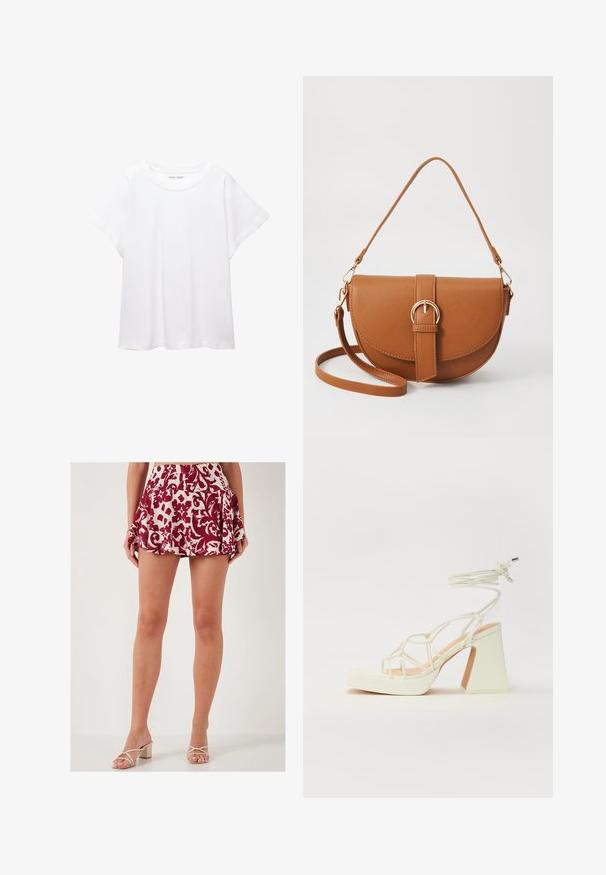 Valkoinen T-paita, joka on valmistettu pehmeästä ja kevyestä kankaasta. Omistaa pyöreän kaula-aukon ja lyhyet, leveät hihat rentoa istuvuutta varten. Ei näkyviä kuvioita.; LELA SLIM FIT - A-linjainen hame - red; Valkoinen korkokenkä, jossa on paksu korko, ja joka sisältää nauhakiinnityksen ja nilkkaketjun. Sujuva pinta, jossa on platform-etupohja lisäkorkeutta varten.; Ruskean nahkainen olkalaukku, jossa on kaareva muoto, kultaiset yksityiskohdat ja solkiyksityiskohta. Varustettu irrotettavalla olkahihnalla.