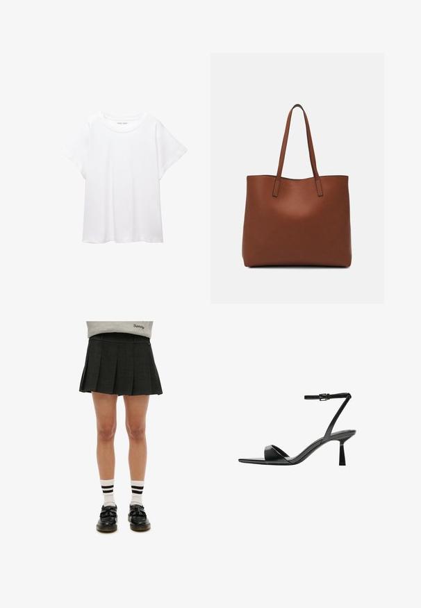 Witte T-shirt van zacht, lichtgewicht stof. Heeft een ronde halslijn en korte, brede mouwen met een ontspannen pasvorm. Geen zichtbare patronen.; Zwarte geplooide rok met een gestructureerd patroon, gecombineerd met witte sokken met zwarte strepen en zwarte instapschoenen.; Bershka Sandalen met hoge hak - black; Bruine leren tote bag met een gladde textuur, een ontwerp met een open bovenkant en twee schouderbanden. Kenmerkt zich door minimale stiksels en geen zichtbare hardware.