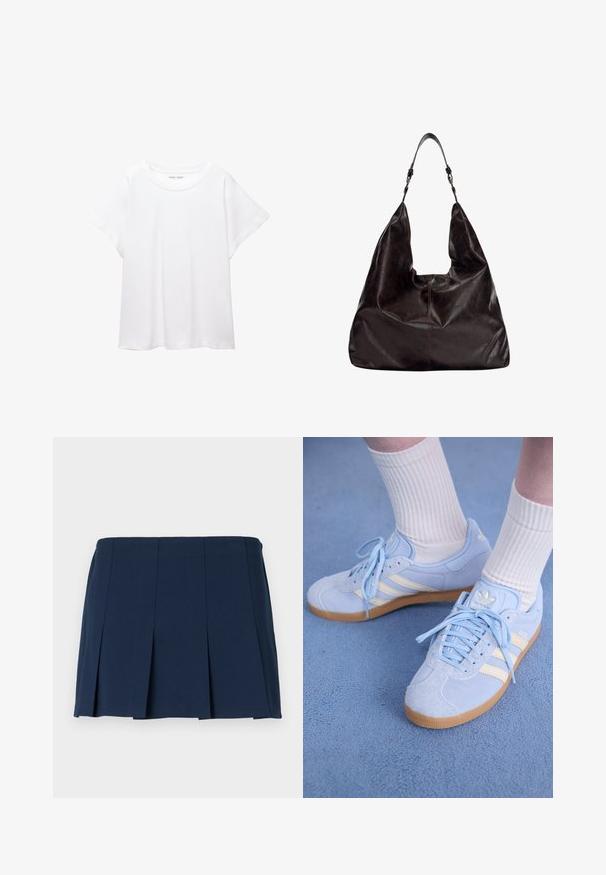 Hvid T-shirt lavet af blødt, let stof. Har en rund halsudskæring og korte, brede ærmer med en afslappet pasform. Ingen synlige mønstre.; Mørkeblå, plisseret mini nederdel med en lige talje, lavet af et glat stof. Har lodrette syninger langs plisseringerne.; Lyseblå ruskindsneakers med hvide striber, flade snørebånd og en sål af gummirubber. Ribbet hvide sokker bæres over anklen.; Mørkebrunt læder håndtaske med en blød form, bred åbning og en enkelt skulderrem. Har subtile stikninger som pynt.