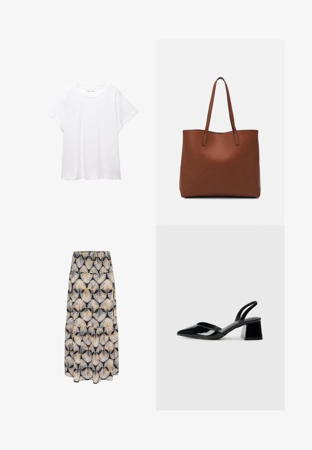 Witte T-shirt van zacht, lichtgewicht stof. Heeft een ronde halslijn en korte, brede mouwen met een ontspannen pasvorm. Geen zichtbare patronen.; Zwarte rok met een wit en gouden bladerenpatroon, gegatherde tailleband, vloeiende vorm en gelaagd zoomdetail. De stof lijkt licht en zacht.; Zwarte gepatineerde leren slingback hakken met een spitse neus en een geometrische blokhak. Kenmerkt zich door een slank, minimalistisch ontwerp en een gladde textuur.; Bruine leren tote bag met een gladde textuur, een ontwerp met een open bovenkant en twee schouderbanden. Kenmerkt zich door minimale stiksels en geen zichtbare hardware.