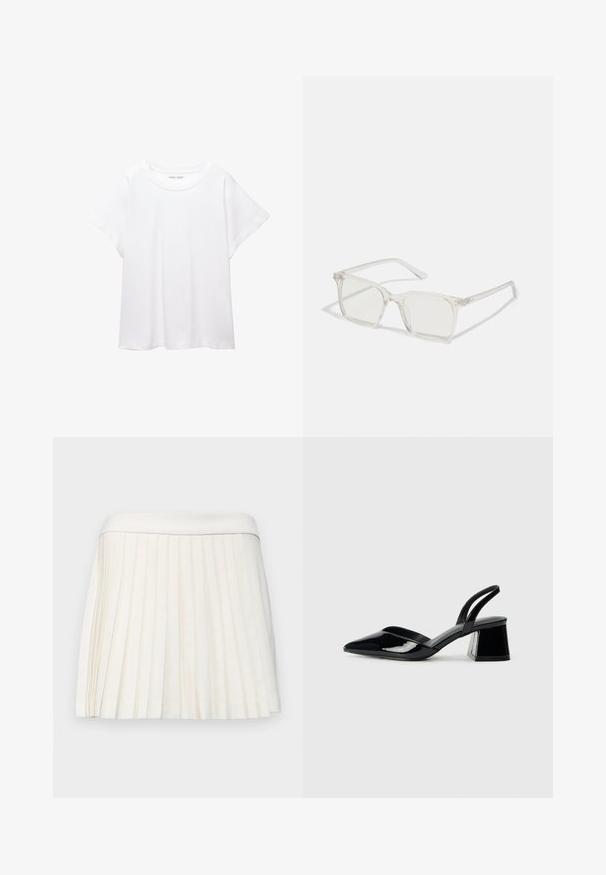 Bijela majica od mekane, lagane tkanine. Ima okrugli izrez i kratke, široke rukave s ležernim krojem. Bez vidljivih uzoraka.; Bijela suknja s plisiranim detaljima i glatkim pojasom, izrađena od lagane tkanine. Plisei stvaraju teksturu i dimenziju kroz cijeli odjevni predmet.; Crne lakirane kožne sandale s otvorenom petom i špicastim vrhom, s geometrijskom blok petom. Imaju elegantan, minimalistički dizajn i glatku teksturu.; Prozirne plastične naočale kvadratnog okvira s prozirnim lećama, koje sadrže zlatne akcentne detalje na drškama.; Crna kožna torba s lukovitim oblikom, odvojivim remenom i zlatnim detaljima. Torba ima preklop s kopčom.