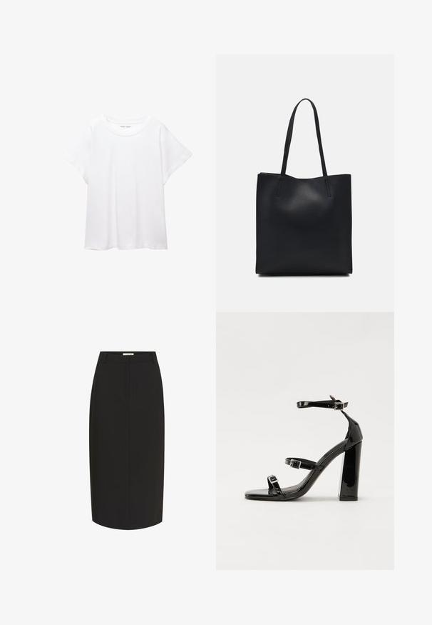 Hvid T-shirt lavet af blødt, let stof. Har en rund halsudskæring og korte, brede ærmer med en afslappet pasform. Ingen synlige mønstre.; Sorte blyantskirt lavet af glat stof, med en tætsiddende silhuet, knælangt design og forreste skrålommer.; Sorte patenterede hælsandaler med firkantet tå, ankelremme og sølvspænder. Har en chunky blokHæl for stabilitet.; Sort læder tote taske med glat tekstur, rektangulær form og to lange hanke. Ingen synlig hardware eller udsmykninger.