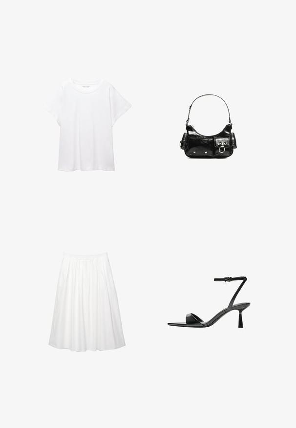 Biała koszulka wykonana z miękkiej, lekkiej tkaniny. Posiada okrągły dekolt oraz krótkie, szerokie rękawy, zapewniające luźny krój. Brak widocznych wzorów.; Biała spódnica do kolan o marszczonym fasonie. Posiada elastyczny pas dla łatwości w noszeniu. Wykonana z lekkiej bawełnianej tkaniny.; Bershka - Sandały na obcasie; Czarna torebka z lakierowanej skóry o zaokrąglonym kształcie, z jednym paskiem na ramię, przednimi kieszeniami i akcentami w kolorze srebrnym.