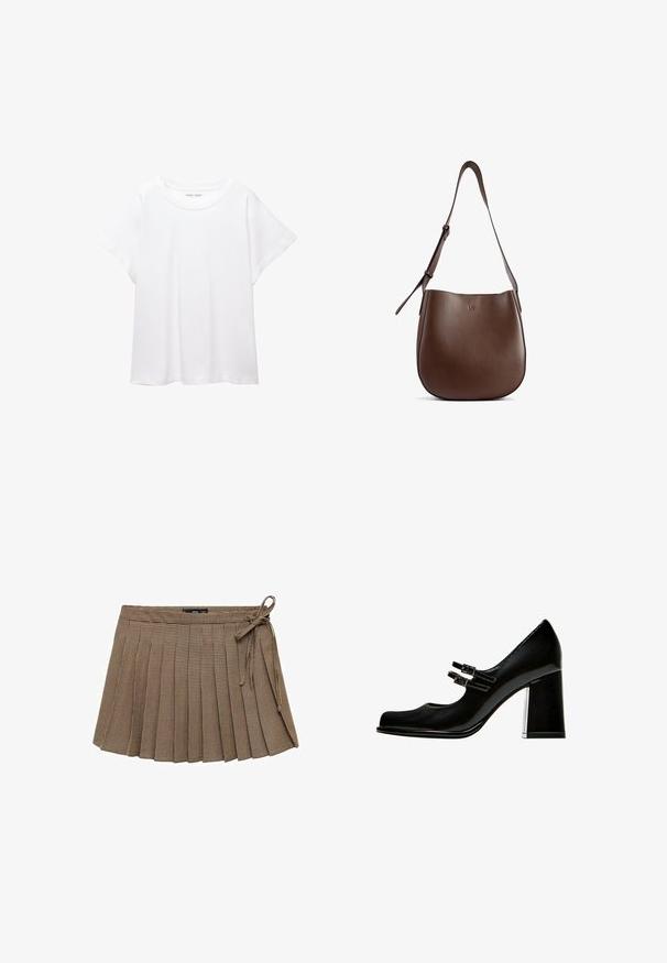 Bela majica s kratkimi rukavi, izdelana iz mehkega in lahkega blaga. Ima okroglo ovratnico ter kratke, široke rokave z udobnim krojem. Brez vidnih vzorcev.; Braun karo krilasti mini krilo z elastičnim pasom in stranskim vezanjem. Ima vzorčasto teksturo in kratko dolžino.; Črne lakirane usnjene visoke pete s zaobljenim nosom, dvema zaponkama in masivnim podplatom. Gladka površina z sijočim zaključkom.; Brahkasta usnjena torba za ramo z gladko teksturo, ukrivljeno obliko in nastavljivim trakom. Vsebuje diskretno blagovno znamko na sprednji strani.